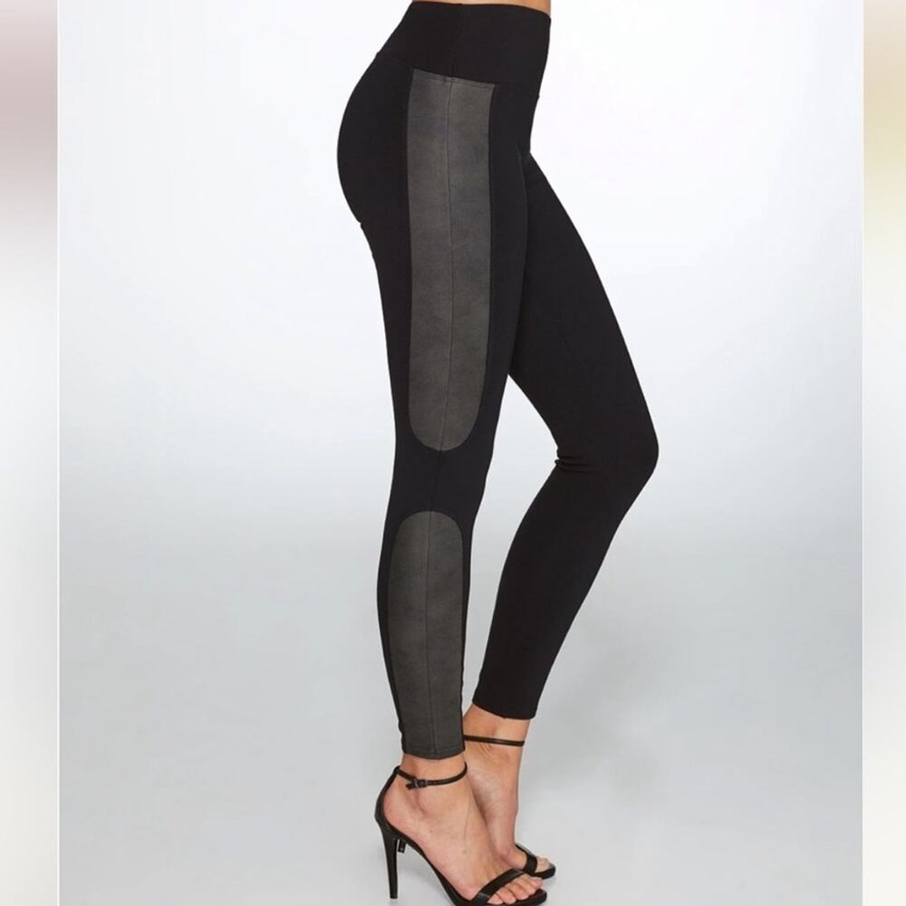 NEW Spanx Black Ponte Leggings High Rise Gray Leather Side Panel Medium $114